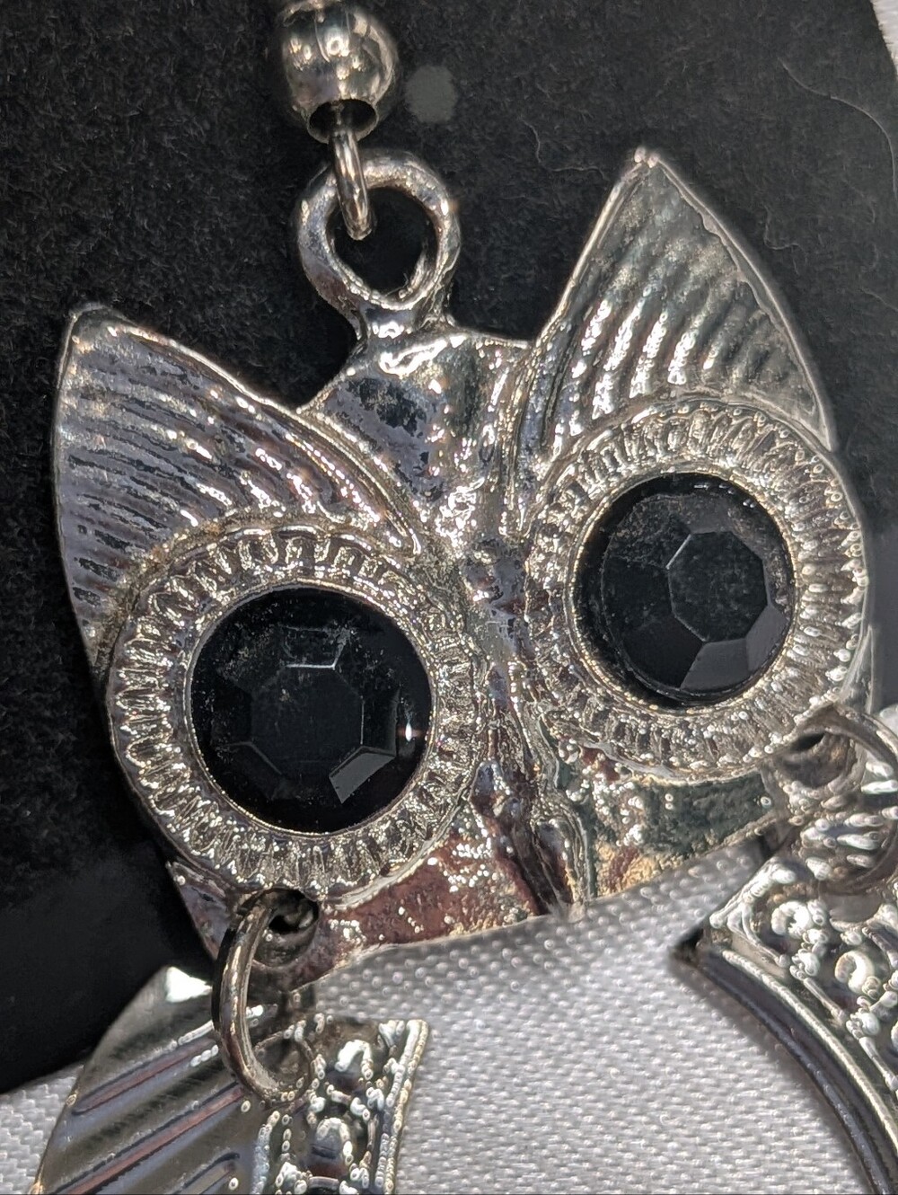 Silver Owl Drop Earrings with Black Bead Accents - Picture 3 of 6